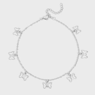 Silver butterfly charm bracelet on a white background