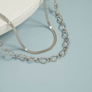 Hammered Oval Chain Necklace with Herringbone Necklace