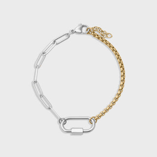 Two-tone bracelet with silver and gold links on a light gray background