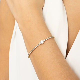 Gold bracelet with a central gemstone on a person's wrist against a white background