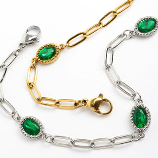 Three bracelets in gold, silver, and a mix of both with green gemstones on a white background.