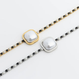 Two square-bezel bracelet designs on a white background