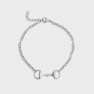 Silver bracelet with a horse bit design on a white background