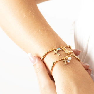 18K Gold PVD Beaded Stretch Charm Holder Bracelet- Model