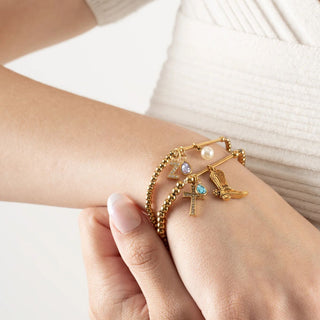 18K Gold PVD Beaded Stretch Charm Holder Bracelet- Model