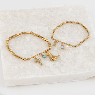 18K Gold PVD Beaded Stretch Charm Holder Bracelet- Studio