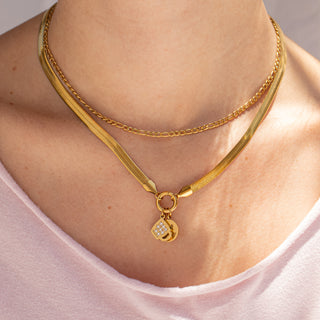18K Gold PVD Stainless Steel Herringbone Charm Holder Necklace / CHN0101