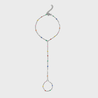Multicolored beaded hand chain on a white background