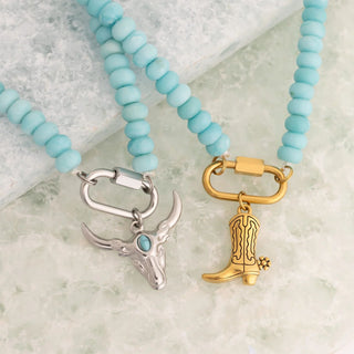 Turquoise Chunky Glass Bead Carabiner Charm Holder Necklace