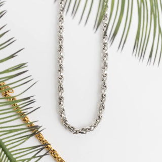 Two chain necklaces, one gold and one silver, on a white background with green leaves.