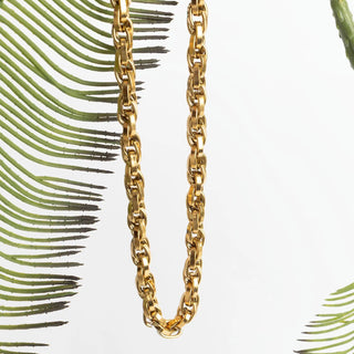 Gold chain necklace on a white background with green leaves