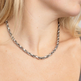 Silver chain necklace on a person with blonde hair