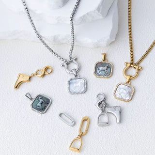 Collection of necklaces with various pendants on a white background