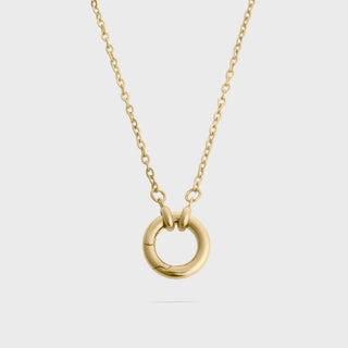 Gold necklace with a circular pendant on a light gray background