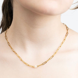 Dainty Pearl Paperclip Necklace- Model