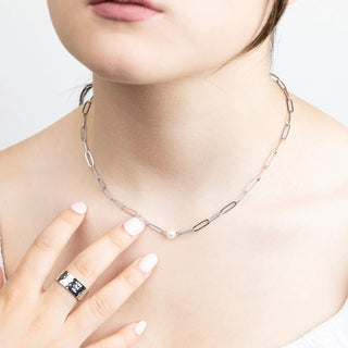 Dainty Pearl Paperclip Necklace- Model