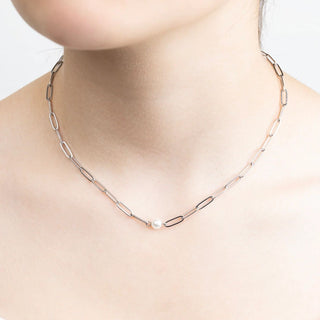 Dainty Pearl Paperclip Necklace- Model