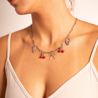 Epoxy Cherry Charm with other charms on paperclip chain necklace