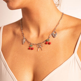 Epoxy Cherry Charm with other charms on paperclip chain necklace