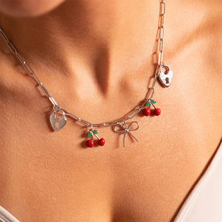 Epoxy Cherry Charm with other charms on paperclip necklace
