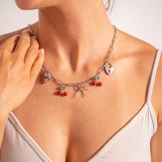 Epoxy Cherry Charm with other charms on paperclip chain necklace