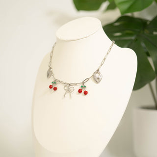 Epoxy Cherry Charm with other charms on paperclip chain necklace