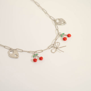 Epoxy Cherry Charm with other charms on paperclip chain necklace