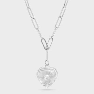 Sunburst CZ Heart Paperclip Charm Necklace