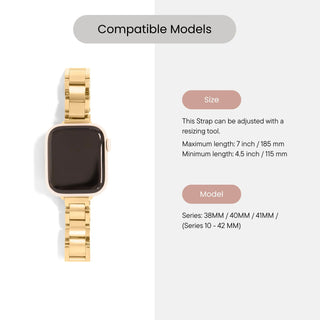 Gold watch strap with compatibility information on a white background