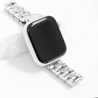 Smartwatch with a silver metal band on a white background
