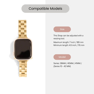 Gold watch strap with compatibility information on a white background