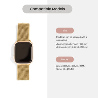 Gold watch strap with compatibility information on a white background