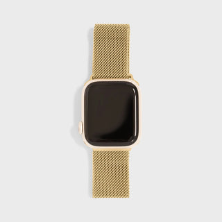 Gold mesh watch band on a white background