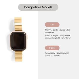 Gold watch strap with compatibility information on a white background