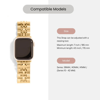 Gold watch strap with compatibility information on a white background