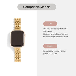 Gold watch strap with compatibility information on a white background