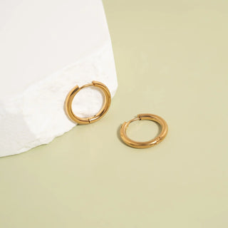 Gold hoop earrings on a light green background