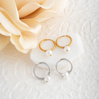 Pearl Charm Huggie Earrings- gold and silver studio 