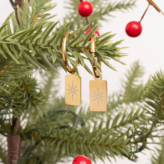 Gold earrings with star designs hanging on a Christmas tree branch.