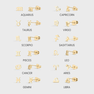 Set of gold earrings corresponding to each zodiac sign on a light gray background