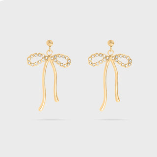 Gold Ribbon Bow with Stones Earrings