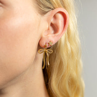 Gold Ribbon Bow with Stones Earrings