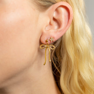 Gold Ribbon Bow with Stones Earrings