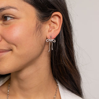 Silver Ribbon Bow with Stones Earrings