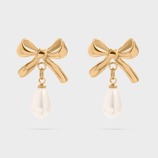 Gold Ribbon Bow Earrings with Freshwater Pearl