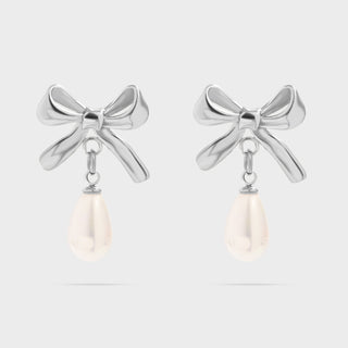 Silver Ribbon Bow Earrings with Freshwater Pearl