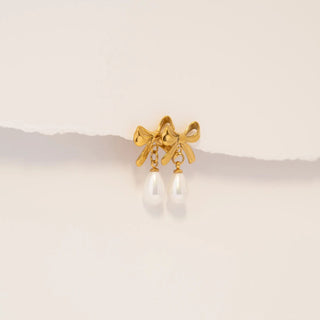 Gold Ribbon Bow Earrings with Freshwater Pearl
