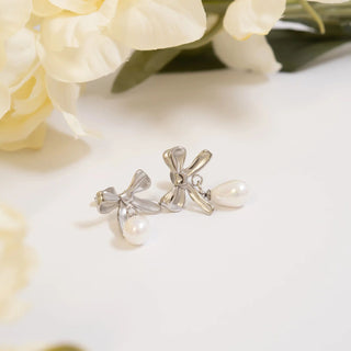 Silver Ribbon Bow Earrings with Freshwater Pearl