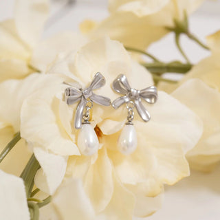 Silver Ribbon Bow Earrings with Freshwater Pearl