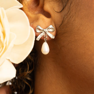 Silver Ribbon Bow Earrings with Freshwater Pearl